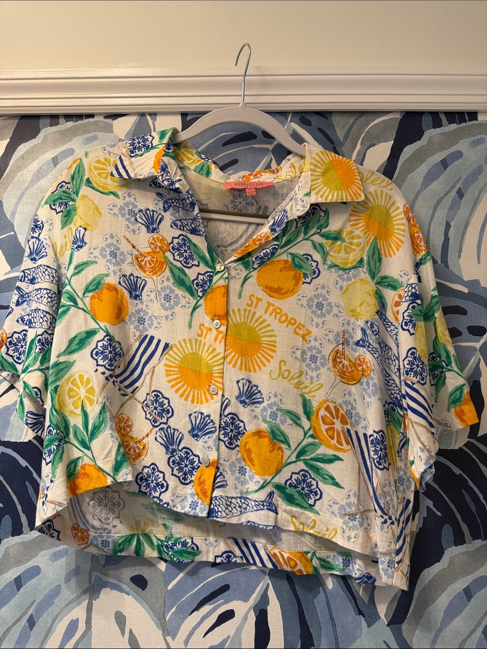 Rose & Olive Citrus-Print Button Down Shirt in White, Yellow & Blue